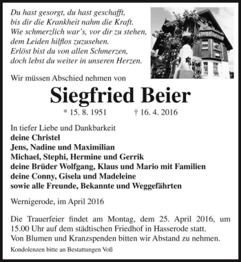Traueranzeige von Siegfried Beier  von Magdeburger Volksstimme