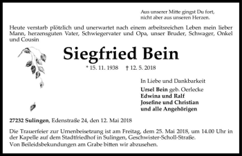 Traueranzeige von Siegfried Bein  von Magdeburger Volksstimme