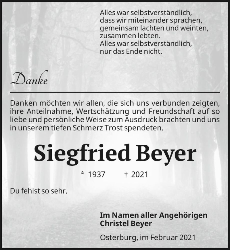  Traueranzeige für Siegfried Beyer  vom 20.02.2021 aus Magdeburger Volksstimme