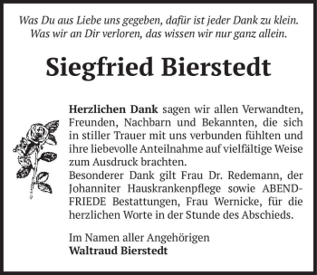 Traueranzeige von Siegfried Bierstedt  von Magdeburger Volksstimme