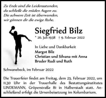 Traueranzeige von Siegfried Bilz  von Magdeburger Volksstimme