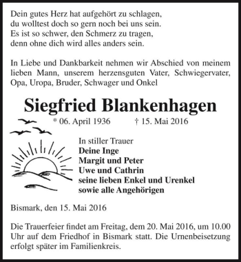 Traueranzeige von Siegfried Blankenhagen  von Magdeburger Volksstimme