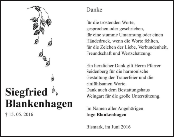 Traueranzeige von Siegfried Blankenhagen  von Magdeburger Volksstimme