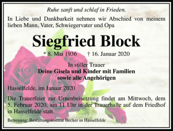 Traueranzeige von Siegfried Block  von Magdeburger Volksstimme