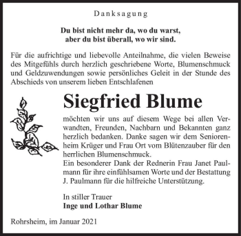 Traueranzeige von Siegfried Blume  von Magdeburger Volksstimme