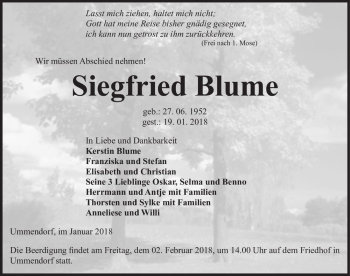 Traueranzeige von Siegfried Blume  von Magdeburger Volksstimme