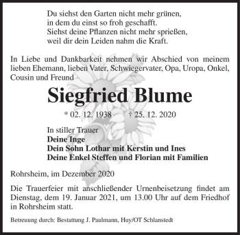 Traueranzeige von Siegfried Blume  von Magdeburger Volksstimme