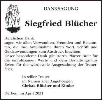 Traueranzeige von Siegfried Blücher  von Magdeburger Volksstimme
