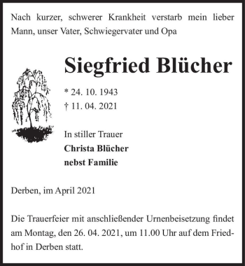 Traueranzeige von Siegfried Blücher  von Magdeburger Volksstimme