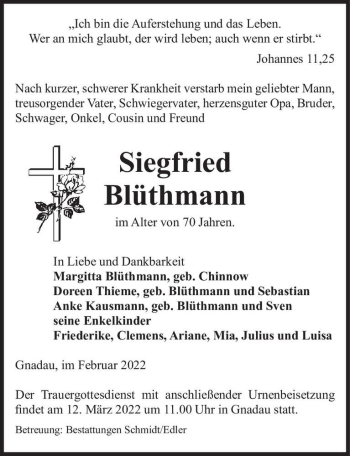 Traueranzeige von Siegfried Blüthmann  von Magdeburger Volksstimme