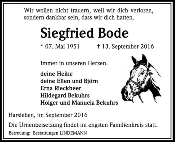 Traueranzeige von Siegfried Bode  von Magdeburger Volksstimme