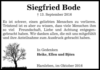 Traueranzeige von Siegfried Bode  von Magdeburger Volksstimme