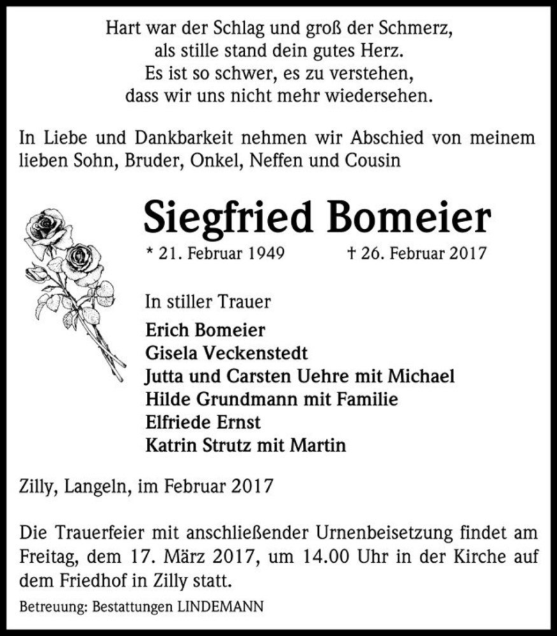  Traueranzeige für Siegfried Bomeier  vom 11.03.2017 aus Magdeburger Volksstimme