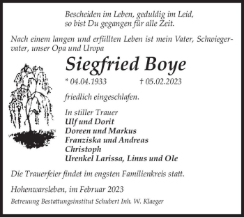 Traueranzeige von Siegfried Boye  von Magdeburger Volksstimme