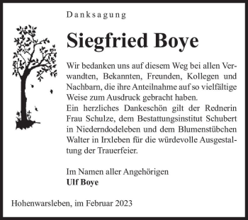 Traueranzeige von Siegfried Boye  von Magdeburger Volksstimme