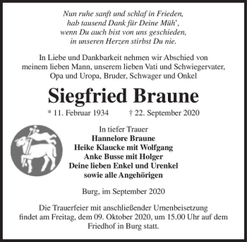 Traueranzeige von Siegfried Braune  von Magdeburger Volksstimme