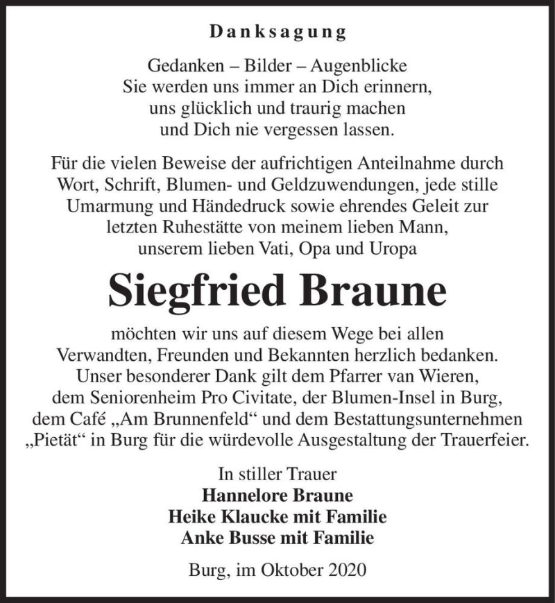  Traueranzeige für Siegfried Braune  vom 17.10.2020 aus Magdeburger Volksstimme