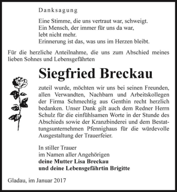 Traueranzeige von Siegfried Breckau  von Magdeburger Volksstimme