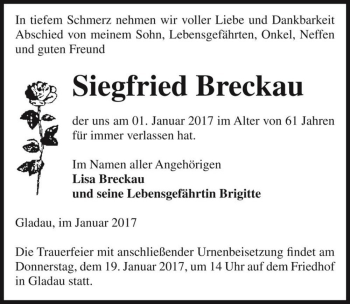 Traueranzeige von Siegfried Breckau  von Magdeburger Volksstimme