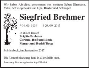Traueranzeige von Siegfried Brehmer  von Magdeburger Volksstimme