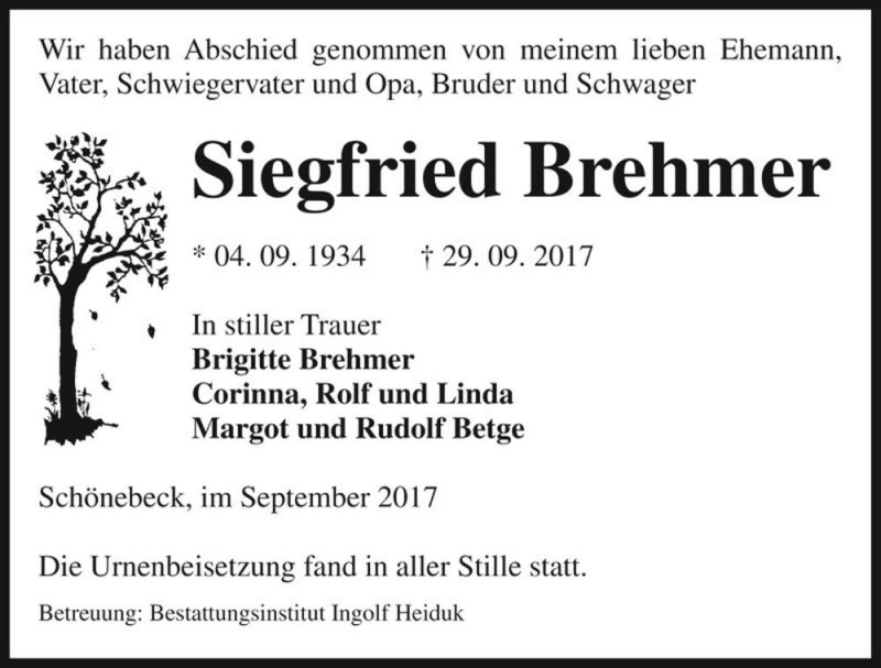  Traueranzeige für Siegfried Brehmer  vom 25.10.2017 aus Magdeburger Volksstimme