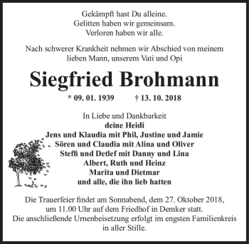 Traueranzeige von Siegfried Brohmann  von Magdeburger Volksstimme