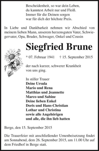 Traueranzeige von Siegfried Brune  von Magdeburger Volksstimme
