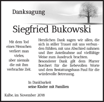 Traueranzeige von Siegfried Bukowski  von Magdeburger Volksstimme