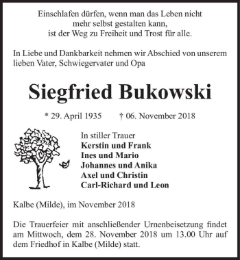 Traueranzeige von Siegfried Bukowski  von Magdeburger Volksstimme