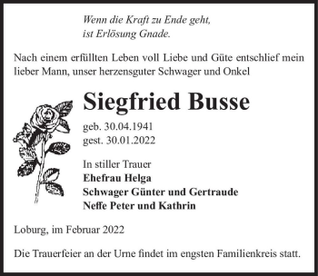 Traueranzeige von Siegfried Busse  von Magdeburger Volksstimme