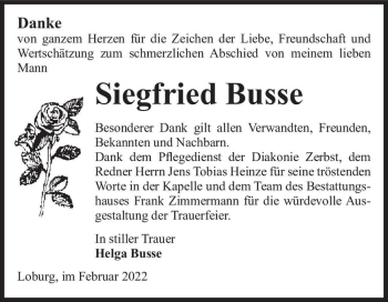Traueranzeige von Siegfried Busse  von Magdeburger Volksstimme