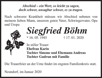 Traueranzeige von Siegfried Böhm  von Magdeburger Volksstimme
