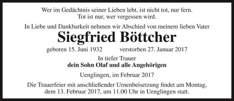  Traueranzeige für Siegfried Böttcher  vom 04.02.2017 aus Magdeburger Volksstimme