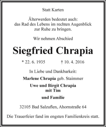 Traueranzeige von Siegfried Chrapia  von Magdeburger Volksstimme