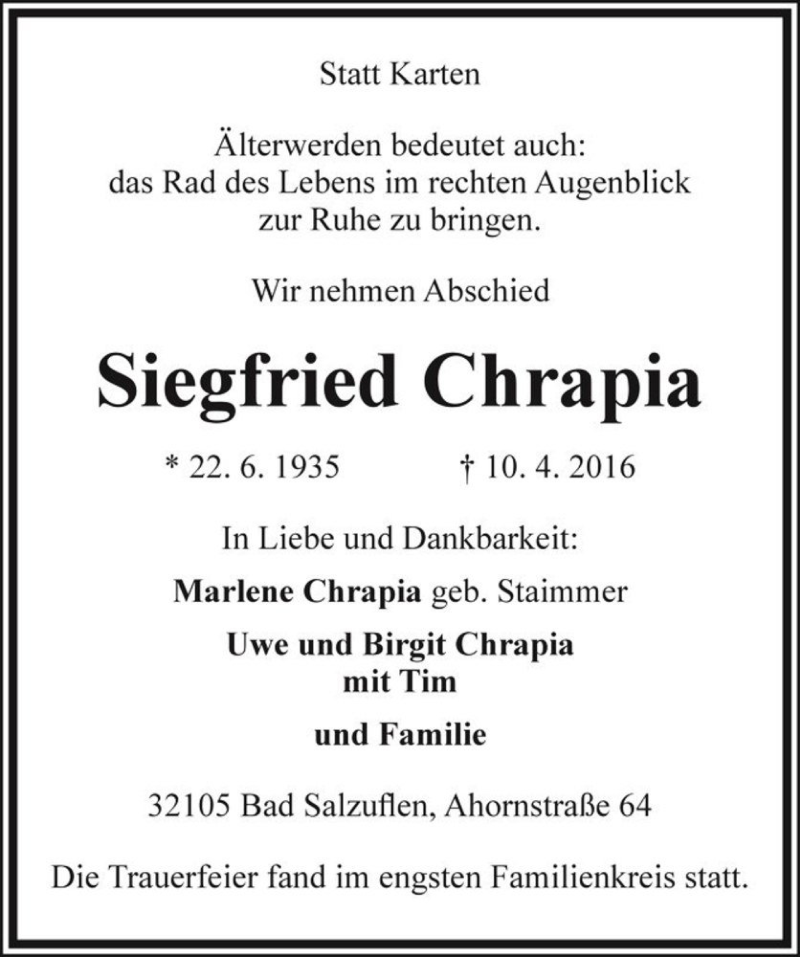  Traueranzeige für Siegfried Chrapia  vom 16.04.2016 aus Magdeburger Volksstimme