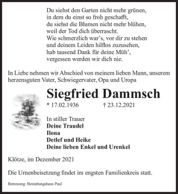 Traueranzeige von Siegfried Damasch  von Magdeburger Volksstimme