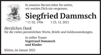 Traueranzeige von Siegfried Dammsch  von Magdeburger Volksstimme