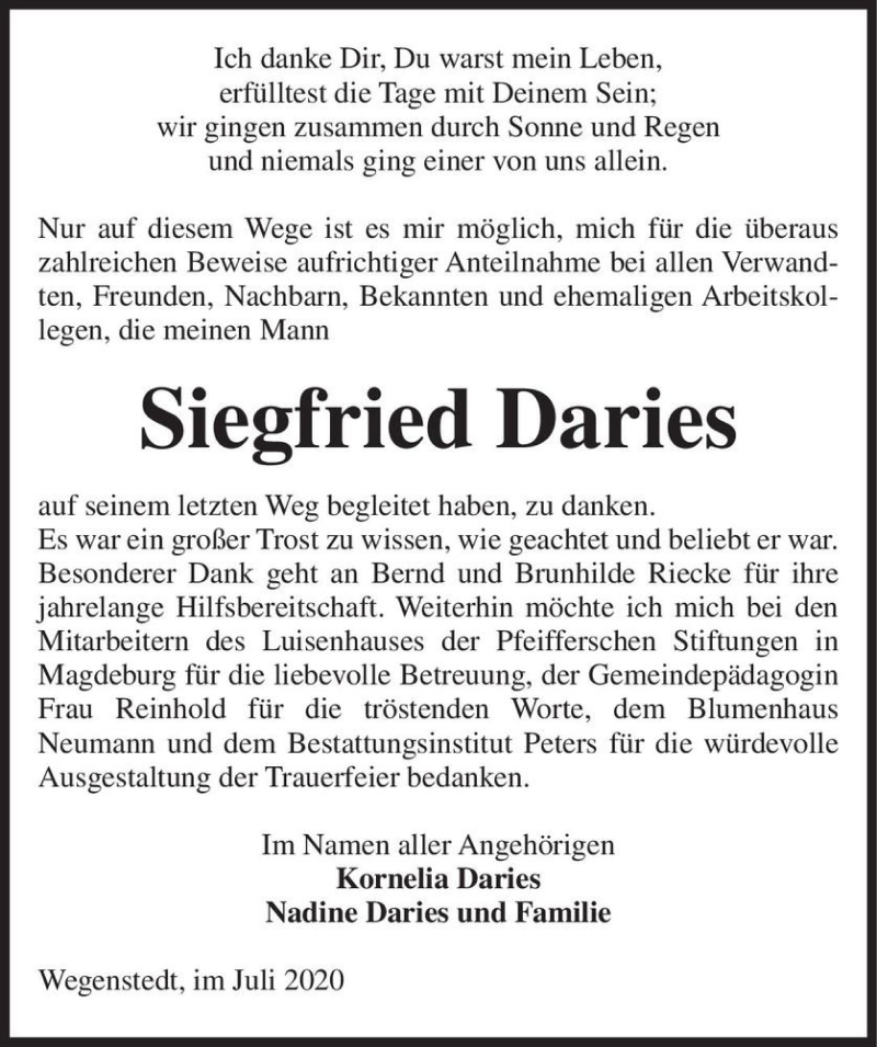  Traueranzeige für Siegfried Daries  vom 17.07.2020 aus Magdeburger Volksstimme