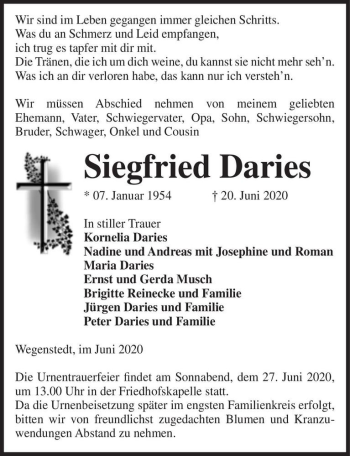 Traueranzeige von Siegfried Daries  von Magdeburger Volksstimme