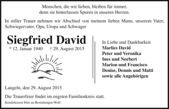 Traueranzeige von Siegfried David  von Magdeburger Volksstimme