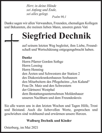 Traueranzeige von Siegfried Dechnik  von Magdeburger Volksstimme
