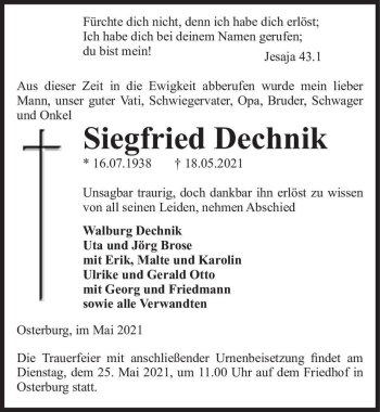 Traueranzeige von Siegfried Dechnik  von Magdeburger Volksstimme
