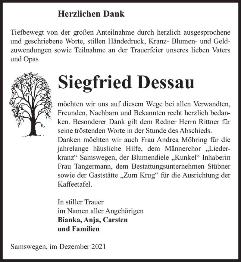  Traueranzeige für Siegfried Dessau  vom 18.12.2021 aus Magdeburger Volksstimme
