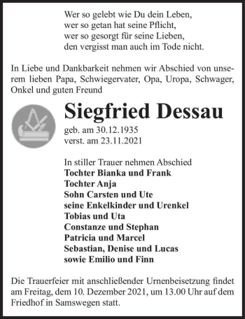 Traueranzeige von Siegfried Dessau  von Magdeburger Volksstimme