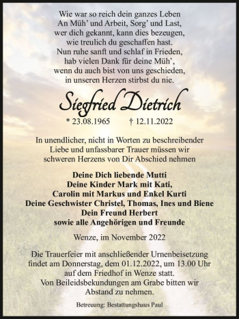 Traueranzeige von Siegfried Dietrich  von Magdeburger Volksstimme