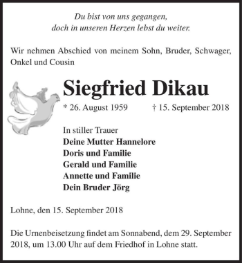Traueranzeige von Siegfried Dikau  von Magdeburger Volksstimme