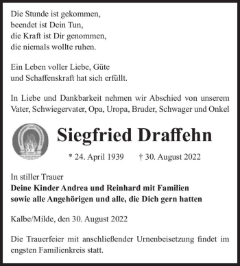 Traueranzeige von Siegfried Draffehn  von Magdeburger Volksstimme