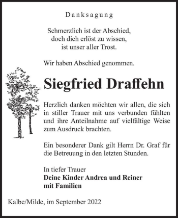 Traueranzeige von Siegfried Draffehn  von Magdeburger Volksstimme