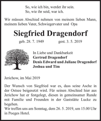 Traueranzeige von Siegfried Dragendorf  von Magdeburger Volksstimme
