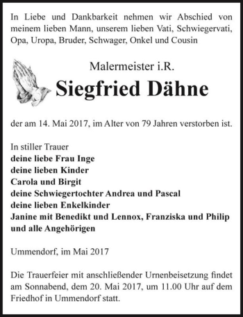 Traueranzeige von Siegfried Dähne  von Magdeburger Volksstimme